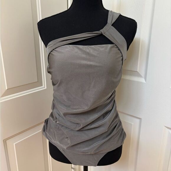 Silver One-Shoulder Ruched Tankini with bottoms - Picture 1 of 7